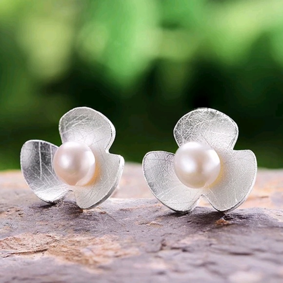 925 Silver Gold Flower Leaf Simple studs Jewelry - Handmade .925 Silver Pearl Flower Leaf